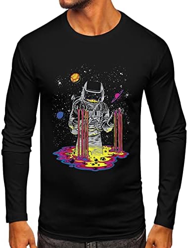 Tamas de manga comprida de Zddo Men Tops Fall Slim Fit Funny Funny Astronaut Print Crewneck Tir shirt Athletic Sports Casual camisetas