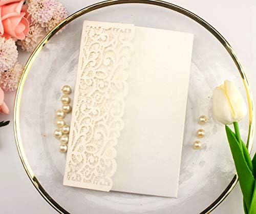 25pcs 5 x7.28 Ivory vintage Tri Fold Invitations Cards Cards Pocket Pearl Paper Laser Cut esculpindo Greeting