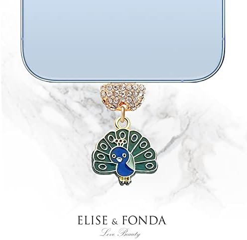 Elise & Fonda CP543 Porta de carregamento USB Crystal Anti -pó do pó Pequeno charme de telefone de pavão
