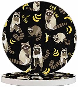 Ibiliu Raccoões fofas Coasters para bebidas Conjunto de 6, Raccoon marrom engraçado Eating Banana Black