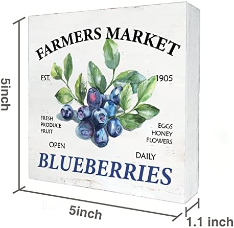 Farmhouse Blueberry Wooden Box Sign Desk Decor de 5 x 5 polegadas de mercado de fazendeiros de