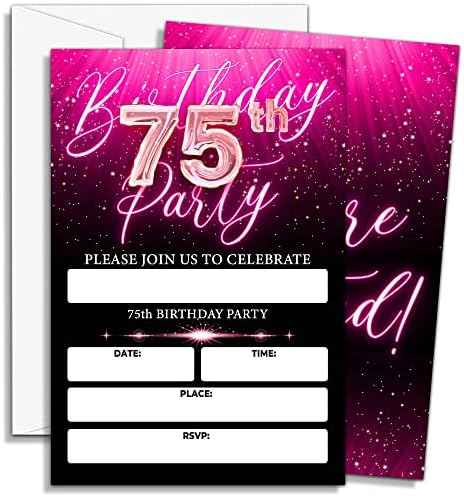 DOQPO 75º aniversário de aniversário para meninas, convites de festa de aniversário de neon, convite de aniversário de festa rosa neon, decorações de aniversário - 20 convites com 20 envelopes - A10