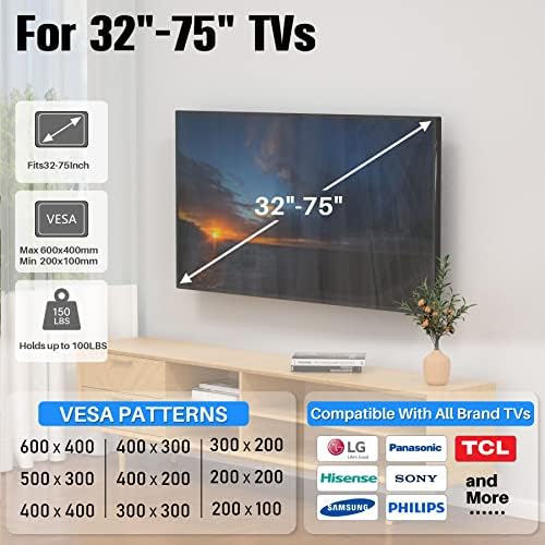 Kamiwi TV Mount para a maioria da TV de 32 a 75 polegadas, titular universal de TV de tela plana com max vesa 600x400mm até 150 libras, suporte fácil de instalação de espaço de baixo perfil