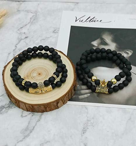 Jewpark 4 PCs Crown King Bracelets for Men Black Matte Onyx Bracelets de Pedras Naturais Cool