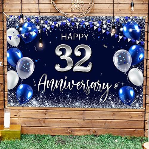 Feliz 32º aniversário da bandeira decoração azul marinho - brilho prateado feliz 32 anos de