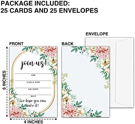 Convites de vegetação floral boho com envelopes para todas as ocasiões, 25 pcs coram os convites de preenchimento
