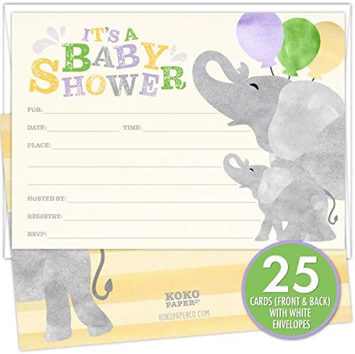 Koko Paper co Joyful Elephant Baby Shower Invitations. Conjunto de 25 cartões de estilo de preenchimento