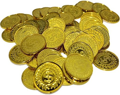 100pcs Plastic Troke Coins Gold Pirate Treasure Hunt Moedas Toys for Kids Party tem temas de decoração, favor da festa, jogos de sorte