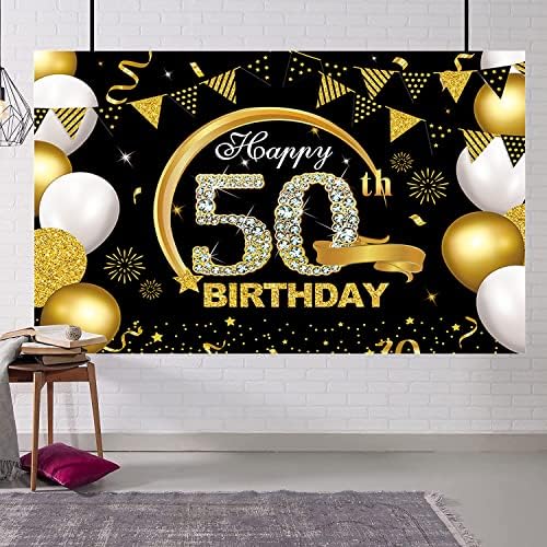 7x5ft feliz banner de 50º aniversário Banco de pano de fundo preto e dourado decorações de 50º aniversário para homens mulheres 50 aniversario, sinalização de festas de aniversário de cinquenta anos