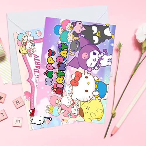LXOSFF 16 Kitty e amigos cartões de convite de aniversário com envelopes, kuromi e meu melody canennamoroll birthday party suprimentos para decorações de festa com temas de kawaii