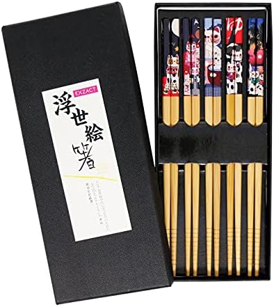 Conjunto de presentes de pauzinhos exzact - 5 pares de pauzinhos de bambu natural reutilizáveis ​​em uma bela caixa preta feita à mão - Decorado Japonês Lucky Cat/Fortune Cat Style