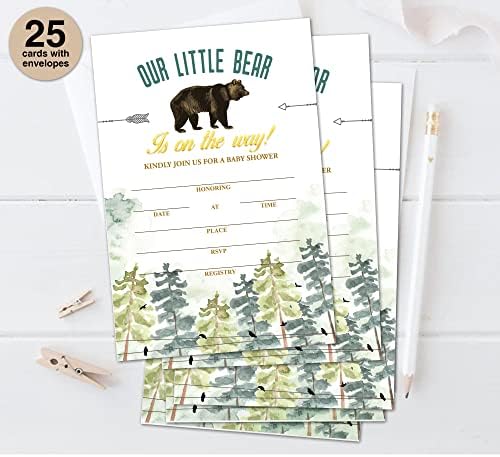 Cartões de convites de festa do chá de bebê de Oudiea, suprimentos de festas de gênero para bebê de urso da floresta, decorações de chá de bebê neutro de gênero - 25 preenchem cartão com envelopes brancos -