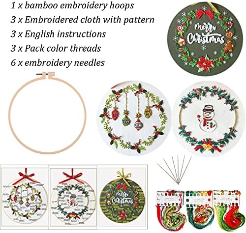 3 conjuntos de bordados kit de partida com padrão de natal, cross Stitch Conjunto para iniciantes, gama completa de kits de bordados estampados com 3 padrão de bordado, bordados e fios de cores