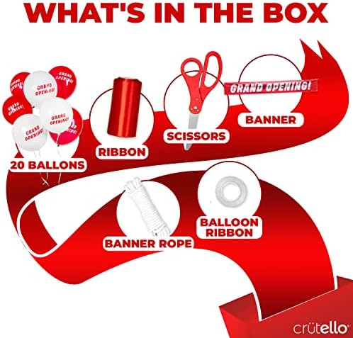 Crutello Deluxe Giant Ribbon Cutting Cerimony Kit 21 Conjunto de tesoura gigante, tesoura de XL de manuseio vermelho, 30 pés de fita vermelha de 4 de 4 de largura, banner de 10 pés, 10 balões vermelhos e 10 brancos, corda de banner, corda de balão