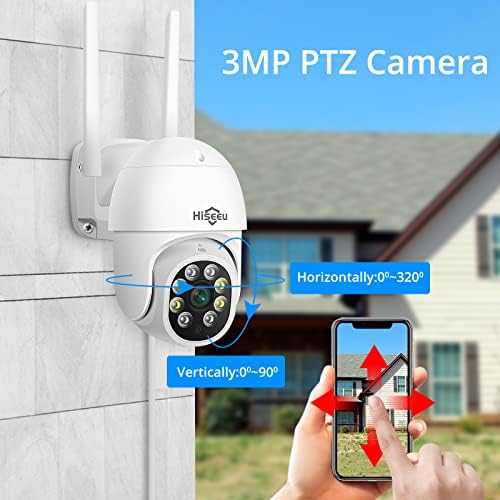 Sistema de câmera de segurança Wi -Fi HisEeu 2K, câmeras de câmeras PTZ de 3MP de 3MP e câmeras de bala Mobile e PC Remote, IP66 à prova d'água, Visão noturna, 7/20