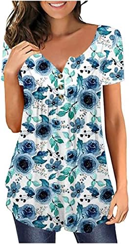 2023 Tops gráficos florais para mulheres abertas de botão de tripulação Henley camisas ocultas Belly tops soltos blusas de manga curta casual da primavera