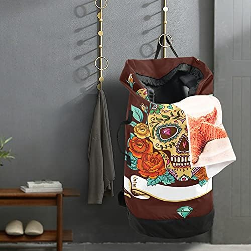 Skull Rose Laundry Bag com tiras de ombro de lavanderia Backpack Bolsa Fechamento de empurrões Treno