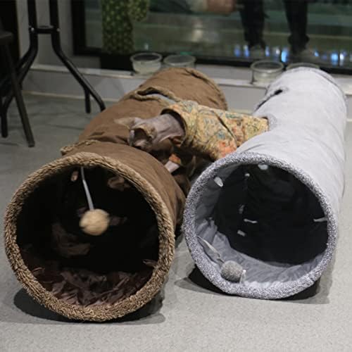 Túnel de gato de terunat para gatos internos, 51 × 12 polegadas dobráveis ​​túnel de gato dobrável, túneis de estimação de camurça cinza com dois pefolos e uma bola de bolha