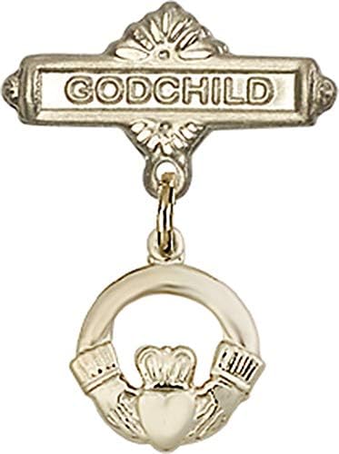 Jóias Obsession Baby Distintivo com charme claddagh e pino de emblema de Deus | Crachá de bebê de ouro 14k