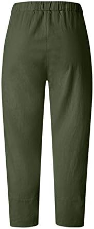 Calças de linho de algodão Capri para mulheres Calças Capri Casual Casual com bolsos Alta cintura Calças de leão de dente de leão