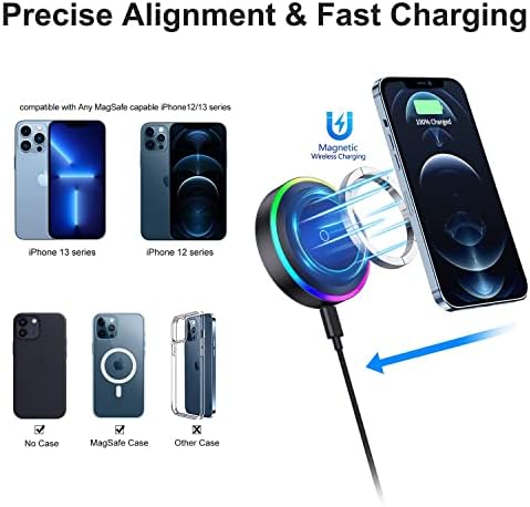 Dekala Wireless Car Charger for Magsafe Car Mount Charger with Cooling Fan QI 15W Fast Charging RGB Ambient for Magsafe iPhone 13 12 Pro Max Mini MagSafe Case Air Vent
