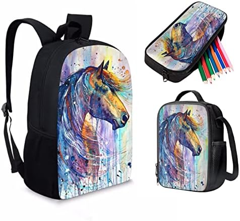 Mochila JeoCody Horse com lancheira para meninos e garotas crianças Daypack Daypack Bookbag, caneta