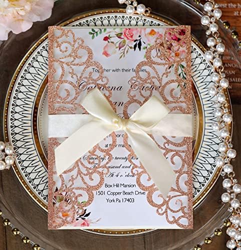 Bestcard 5x7,1 polegadas 50pcs em branco Glitter Wedding Invitations Kit Laser Cut Flora Hollow Pocket Quinceanera Cards com envelopes para convite de aniversário de casamento