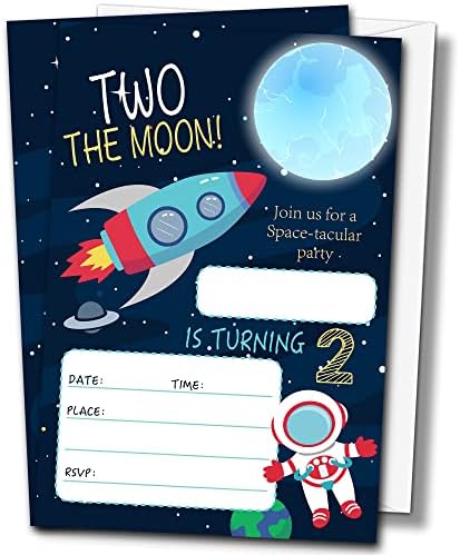 Buildinest Two the Moon Siders Space Birthday Party Invitations com envelopes, 4 x6 Astronaut Planet Cartões de convite de 2º aniversário, Solar System Rocket Ship Party Convites-B34