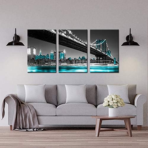 Eu soube foto preto e azul impressão para decoração em casa 3 painéis de Nova York Manhattan Skyline Bridge à noite pintura de parede de arte impressão de arte na tela Modern Giclee Artwork 16x24inx3p
