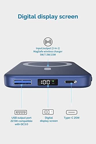 Deksmo Wireless Power Bank 10000mAh Carregamento rápido, carregador portátil magnético Slim USB C PD 22,5W,