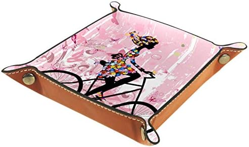 Menina rosa da primavera Rading de um organizador de flores de bicicleta Microfiber Couro Bandeja de Mesa de Armazenamento Prático para carteiras Teclas e equipamentos de escritório, 16x16cm