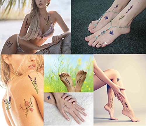 Flores de lavanda de Tattoonova 12 folhas de tatuagens temporárias para adultos homens e mulheres