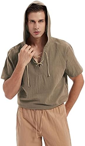 Tampas com capuz masculinas Manga curta Camisas de linho de algodão de cor sólida Camisetas de