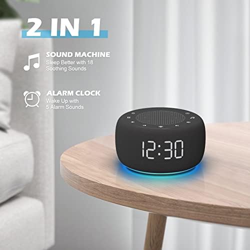 Máquina de som de Buffbee e despertador 2 em 1, 0- do relógio Face Face, luz de cor inferior, timer de sono, controle preciso de controle de volume de 30 níveis