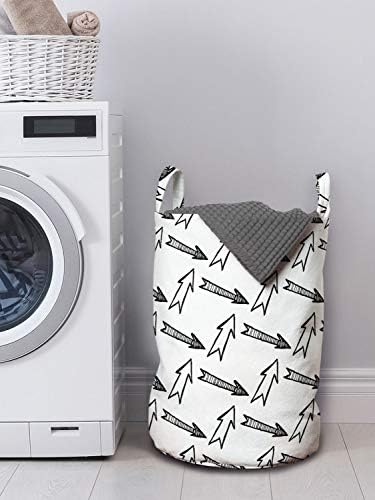 Bolsa de lavanderia de flecha de Ambesonne, estilo monocromático listrado em um fundo simples desenhado à mão, cesta de cesto com alças fechamento de cordão para lavanderias, 13 x 19, cinza e branco