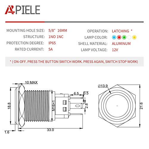 Chave de botão de travamento 16mm 0,63 ''- Apiele- 12V- 24V DC LED SPDT 1NO1NC LIGADA DE ALUMA DE