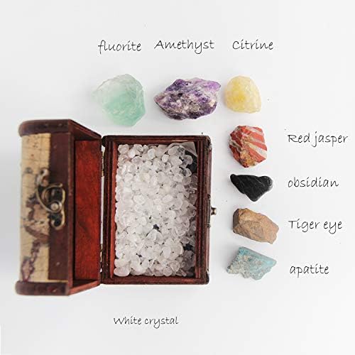 Kino 7 PCs/caixa Chakra Cristal natural de pedra crua com base de baú de tesouro, pedra de cura de cristal de energia, kit de pedras de ioga, quartzo de cristal mineral, ametista, fluorito, obsidiana