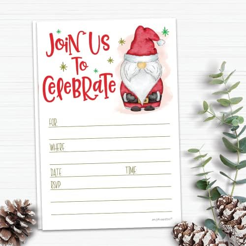 Convites de Natal Santa Gnome - Convites de festa de férias com envelopes - Celebração de inverno convites