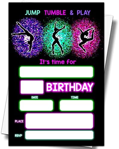 Ystep Jump Tumble & Play Gymnastics Birthday Party Invitations, 20 Convidar cartões com envelopes, 4 x6 garotas Rainbow Gymnastics Festa de aniversário tem temática Party Party - A17