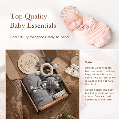 Conjunto de presentes para bebês recém -nascidos, Baby Essentials Basket Stuffers Baby Bath Set com Muslin Baby Blain, brinquedos de dentição, toalha de baba, escova de madeira e chocalho, recém -nascido Baby Gift Box Set