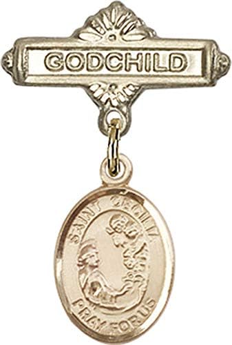 Rosgo do bebê obsessão por jóias com o charme de St. Cecilia e o pino de emblema de Deus | Rosga de bebê de ouro