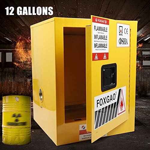 Gabinete de armazenamento de segurança de 12 galões para líquidos inflamáveis ​​Prateleiras de armazenamento amarelo 17,3 x 17,3 x 22