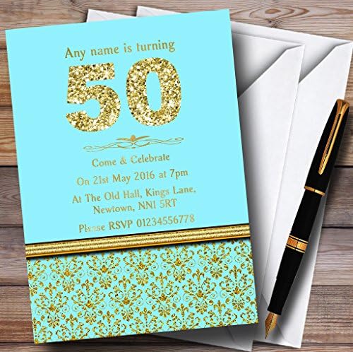 Aqua Sky Blue & Gold Vintage Damasco 50º convites de festa de aniversário personalizados