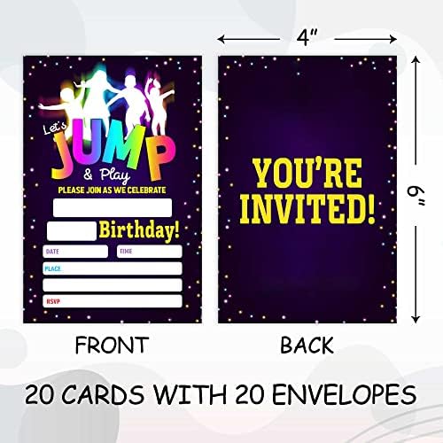 Wuawn 20 Jump Tumble & Play Invitations de aniversário com envelopes, neon ginástica Fill - em cartões de convite de aniversário para meninos e meninas, adolescentes, crianças, material de comemoração de aniversário - A020