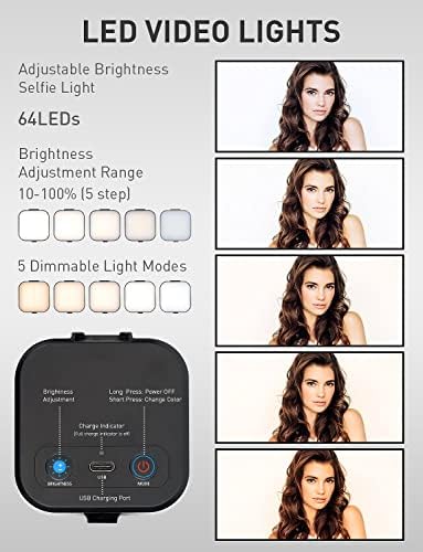 ACNCTOP 64 LED Luz de selfie recarregável - 5 Modo de iluminação anel de telefone Mini clipe