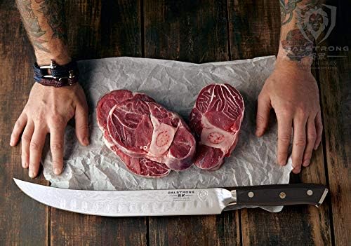 Dalstrong the Shogun Série 10 Butcher & Breaking Cimitar Knife empunhado com o kit Premium Whetstone