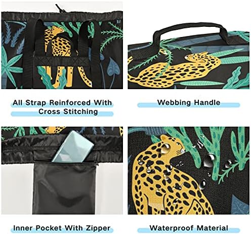 Leopards Folhas tropicais Bolsa de roupa pesada Mochila de lavanderia com alças de ombro e alças Bolsa de roupa de viagem com tração de tração Organizador de roupas sujas para o dormitório e apartamento do Camp College