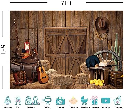 Negeek 7x5ft Fabric Fart Farm Door Photopiop Caso -pano de madeira rústica para crianças Western Cowboy Birthday