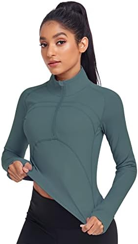 Hiskywin feminino upf 50+ Proteção solar tops de manga comprida Half-zip buraco de phole de desempenho de desempenho ao ar livre camisa de exercícios