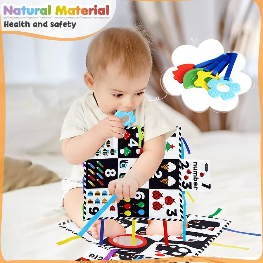 Brinquedos de bebês de BEIens de 0 a 6 meses, Tomme Time Time Crinkle Toys com espelho, brinquedos sensoriais de alto contraste em preto e branco por 0-6-12-18 meses recém-nascidos, conjunto de presentes para meninos, tocar mats-4 em 1
